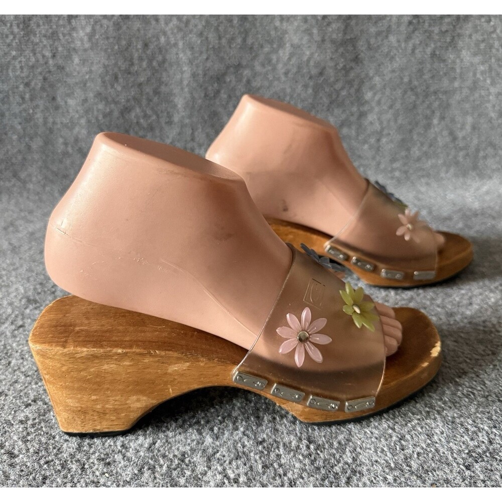 Y2K Candie's Floral Slide Sandals Chunky Wood Block Heel Slip-On Size 7